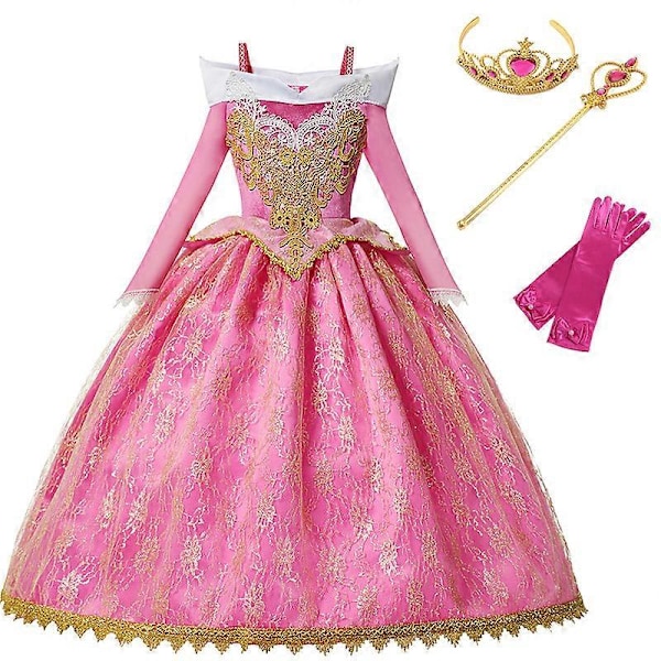Flickans Sövande Skönhet Aurora Klänning Långa Ärmar Avtagbar Axel Spets Robe Barn Underbar Julgåva Fint Prinsessfest Outfit aurora dress set d 5t  120
