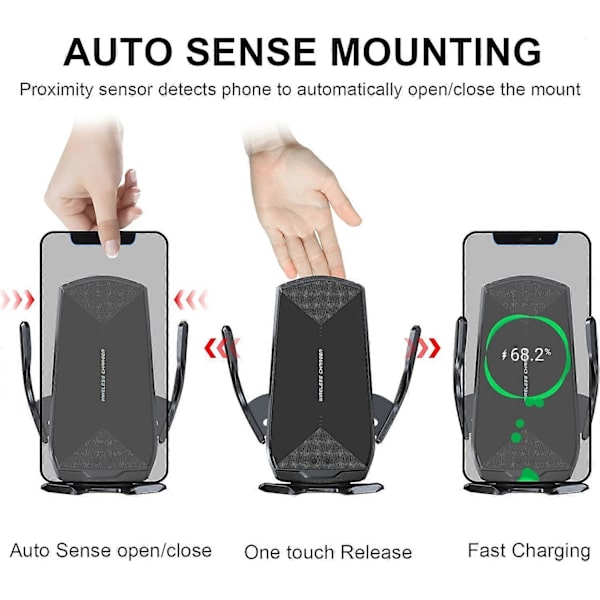 Biltelefonholder, Automatisk Klemmesensor 10W Qi Rask Lading Bil Frontrute Dashbord Luftventil Telefonholder Kompatibel med iPhone12/12 pro m black