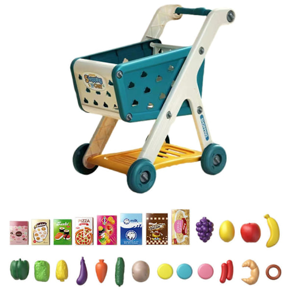 Barnvagn Leksak med 25 Frukt Grönsaker Mattillbehör Rollspel Mini Shopping Trolley Föreställ dig Lek Matvaruaffär Vagn Leksak Pojkar Flickor G blue