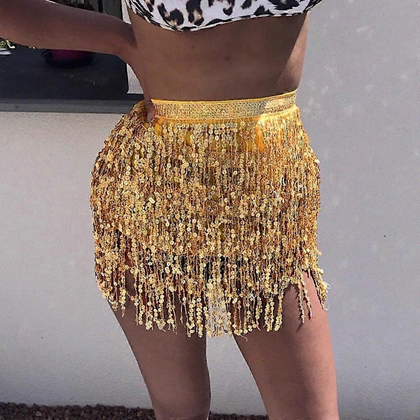 Kjolrea Women Sequin Magdansare Kostym Fransar Wrap Kjol Klubb Mini Kjol gold