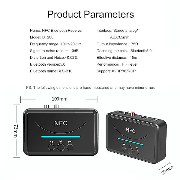 NFC Bluetooth 5.0 -äänen vastaanotin 3,5 mm RCA AUX -liittimellä USB langaton stereovastaanotin auton kaiuttimelle