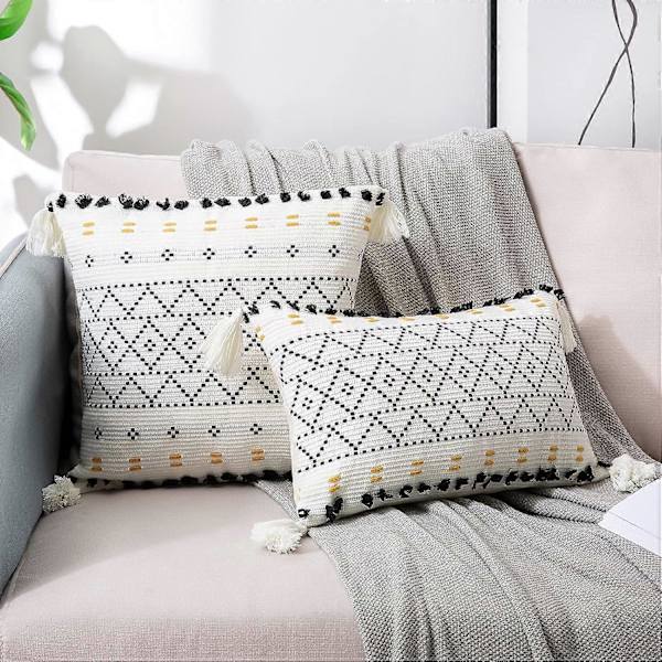 Sæt med 2 Moderne Bohemian Vævede Bomulds Pudebetræk Geometrisk Mønstret Dekoration til Stue Sofa Soveværelse Hjem 45 x 45 cm, Sort og Hvid (uden pude)