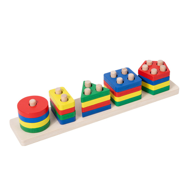 Fem uppsättningar av träkolumner i geometrisk form för små barns Montessori-tidig utbildning Kognitiva byggstenar Matchande visdomspussel Color five sets of columns 0.3kg