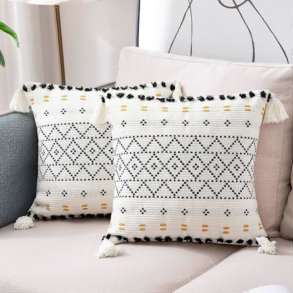 Set of 2 Modern Bohemian Woven Cotton Pillowcases Geometric Patterned Decoration for Living Room Sofa Bedroom Home 45 x 45 cm, Black and White (no pil