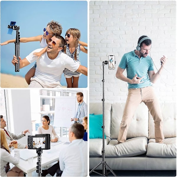 160cm Professionelt Mobiltelefon Stativ, Fleksibelt & Let Selfie Stick Stativ med Fjernudløser, Alt-i-Én Holder til iPhone/Samsung/Huawei/DSLR Kamera