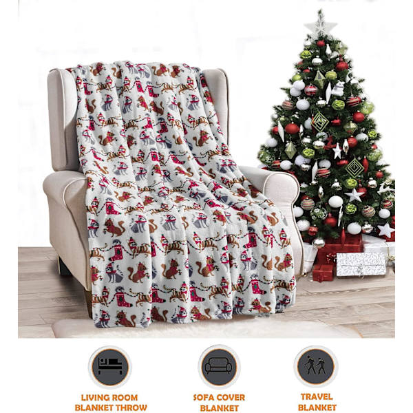 Elegant og komfortabel luksuriøs fløjl super blød juletrykt fleece tæppe white christmas cat 50 in x 60 in