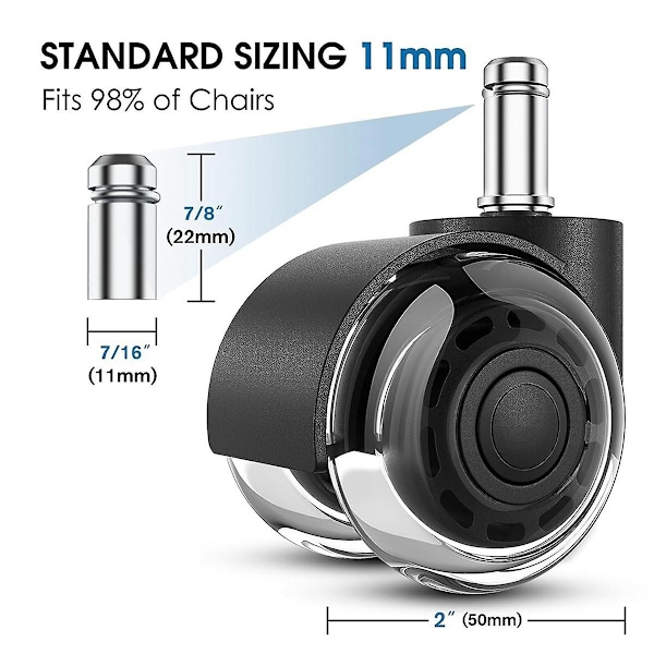 Toimistotuolin pyörät, 2 tuuman korvaavat pehmeät äänettömät pöytäpyörät työ- ja pelikoneille, raskaat