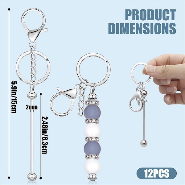 12 stk. Perle-Keychain-Stænger til Perler Blanke Keychain Metal Perle-Keychain til Nøglering, Sølv