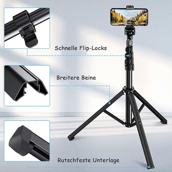 160cm Professionelt Mobiltelefon Stativ, Fleksibelt & Let Selfie Stick Stativ med Fjernudløser, Alt-i-Én Holder til iPhone/Samsung/Huawei/DSLR Kamera