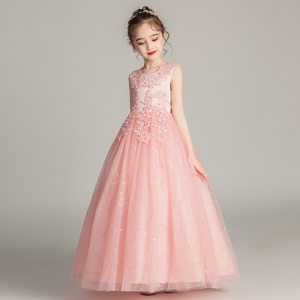Blomstertjejklänning för bröllopsbarn Spetstävling Balklänningar pink 110cm