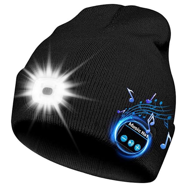 Aftagelig og vaskbar genopladelig LED-belyst hue med Bluetooth-musik strikket hue black