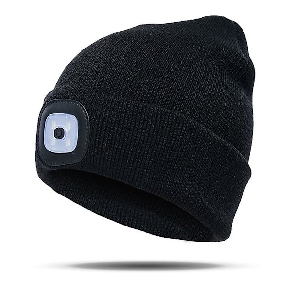 LED Beanie-lue med lys, strikket lue, hender fri, 4 LED-hodelykter, vinterstrikket nattlyslue, unisex black