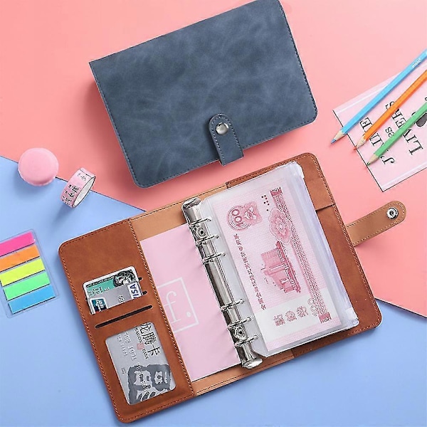 Anteckningsbok med ringbindare, budgetplanerare, omslag med 12 fickor, personligt kontantbudgetsystem, 6-håls ringbindare denim blue