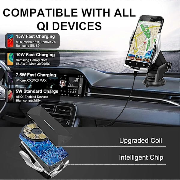 Biltelefonholder, Automatisk Klemmesensor 10W Qi Rask Lading Bil Frontrute Dashbord Luftventil Telefonholder Kompatibel med iPhone12/12 pro m silver