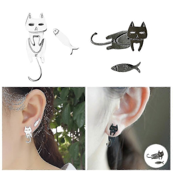 2xfish Katt Stud Örhängen Asymmetrisk Temperament För Medarbetarförmåner Kvinnor Svart