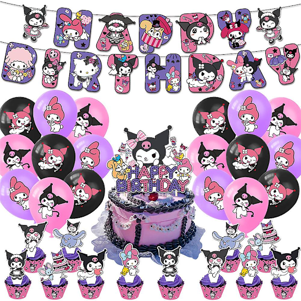 My Melody Kuromi Tegneserie Tema Børn Piger Fødselsdagsfest Tilbehør Kit Balloner Banner Kage Toppers Dekorationer Sæt