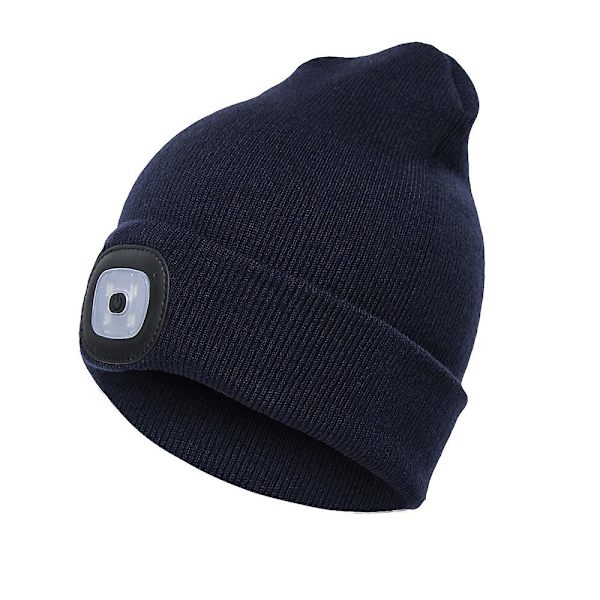 LED Beanie-lue med lys, strikket lue, hender fri, 4 LED-hodelykter, vinterstrikket nattlyslue, unisex navy blue