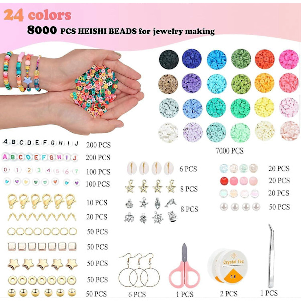8000 Stykker Leireperler Vennskapsarmbåndsett, 24 Farger Polymerleireperler for Smykkeproduksjon, DIY Armbånd Smykkeproduksjonssett, Håndverk Gavepakke