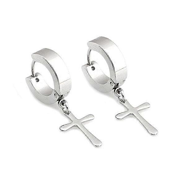 Par af Rustfrit Stål Kryds Dangle Hoop Huggies Øreringe Bryllups Smykker 4mm