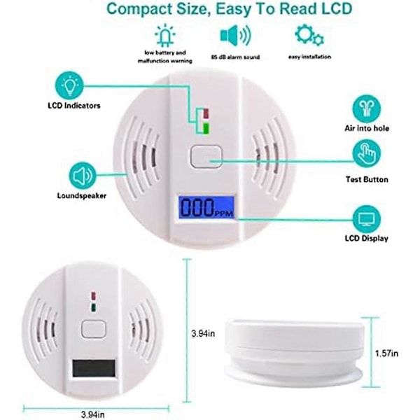 Koldioxiddetektor, Koldioxidlarm för Hem, Lager, Koldioxidlarmdetektor, 2 st