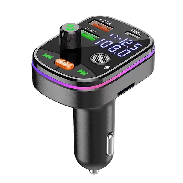 2-i-1 Bluetooth 5.0 Bil FM-sender Dobbel USB 3.1A+Type-C Billader Rask lading Atmosfærisk lys Håndfri bilsett MP3-spiller Støtter TF-kort