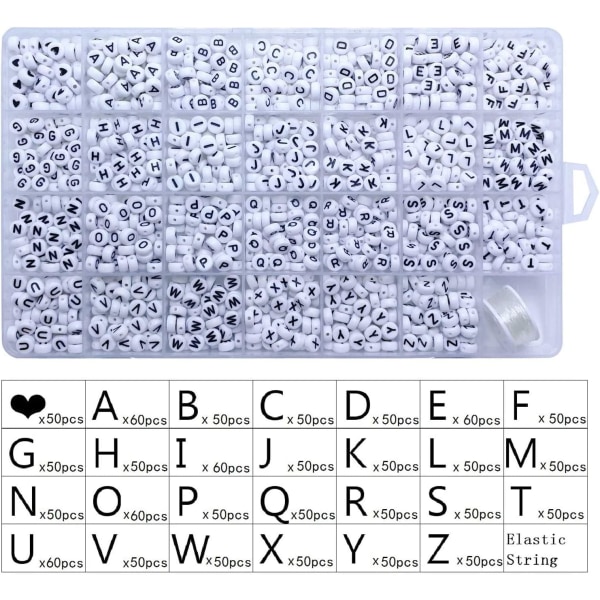 1400 alfabetpärlor, 4x7 mm A-Z hjärtpärlor och elastisk sträng
