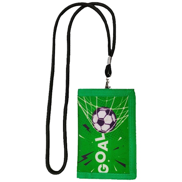 Lasten lompakko pojille, urheilu jalkapallo kuvio, kolmiosainen lompakko kaulanauhalla, vetoketjullinen kolikkotasku ja korttipidike green side football