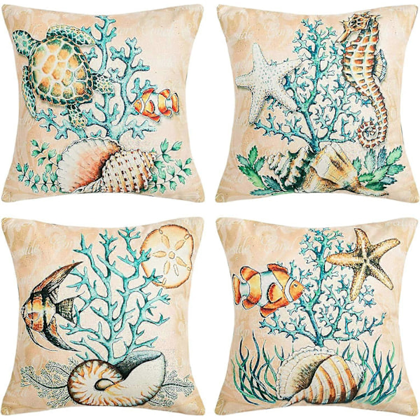 Pudebetræk 45 x 45 cm Pudebetræk Dyre Marine Sæt af 4 Bomuld Linned Print Nautisk Stil Kvadratisk Pudebetræk Dekoration til Sofa Værelse Strand