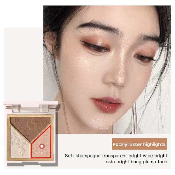3 i 1 Highlighter Contour Palette Bronzer Ansigtskontur Shimmer High Gloss Blusher Illuminator Brighten Makeup Koreansk Kosmetik