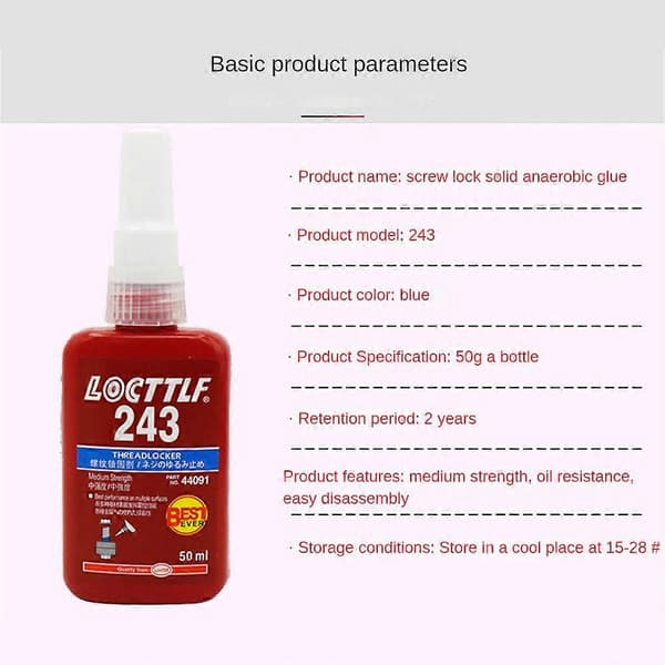 Loctite 243 Trådsikring 50ml Blå Bolt Stud Rask Fiks Skruelim Mutterforbindelse