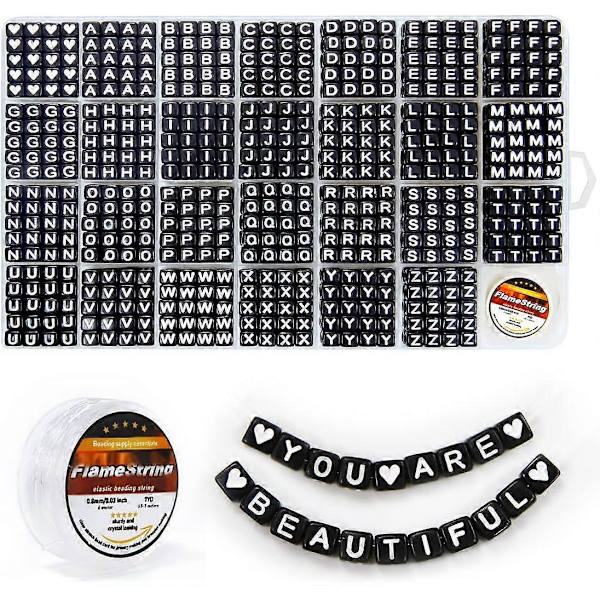 Perler, Bogstavperler, Alfabetiske Perler i 28 Rudes Kasse (6 x 6 mm (Kvadratisk, Stort Hul), Hvide Bogstaver & Sort Bund)