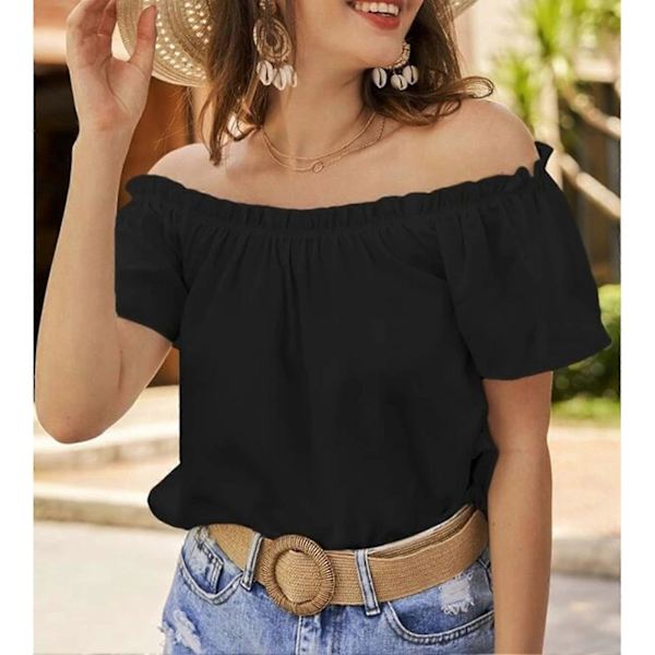 Musta M Naisten Off Shoulder Toppi Rento Yksinkertainen Väri Lyhythihainen Rypytys Reuna Löysä Istuvuus Kesä Pusero Paita
