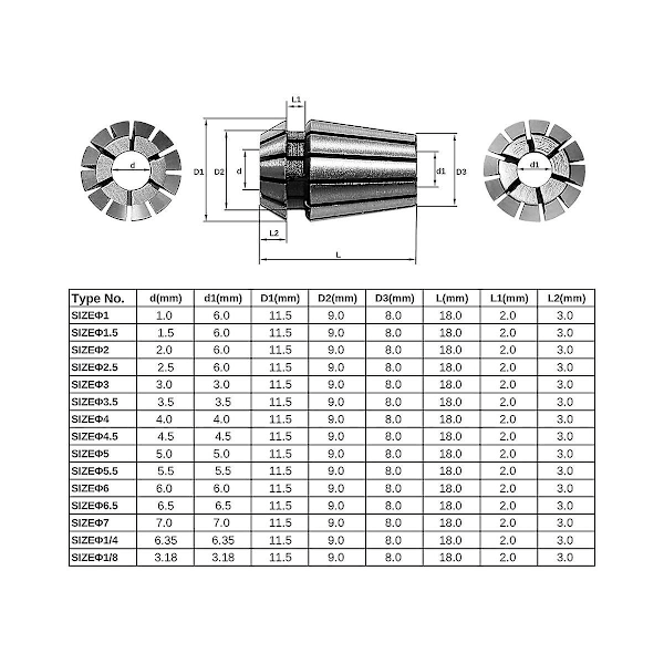 15 kpl ER11 Tarkkuusjousiholkkisarja CNC-kaiverrusjyrsinkoneen sorvin istukkatyökaluun 1,0 mm - 7,0 mm ja 1/4