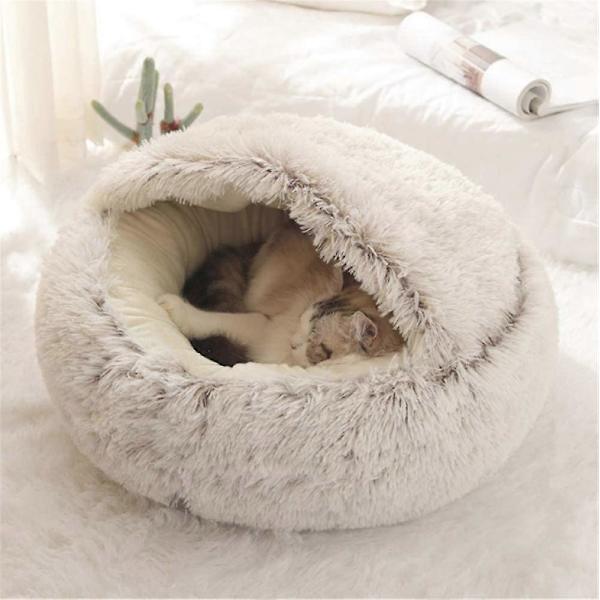 Fluffy katteseng, rund, myk fløyel, hule med hette, katteseng, for vinteren, varm, sovepute, sklisikker, maskinvaskbar, for katter og valper