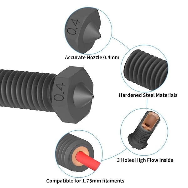 2 stk. CHT Volcano Dyse Hærdet Stål, 0,4 mm High Flow Volcano Hotend Ekstruder Dyser