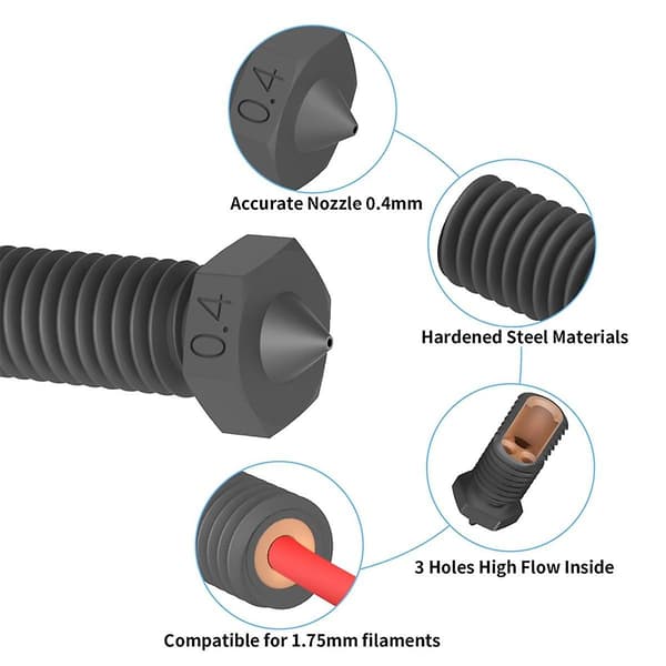 2st CHT Volcano Munstycke Härdat Stål, 0.4mm Högflödes Volcano Hotend Extruder Munstycken
