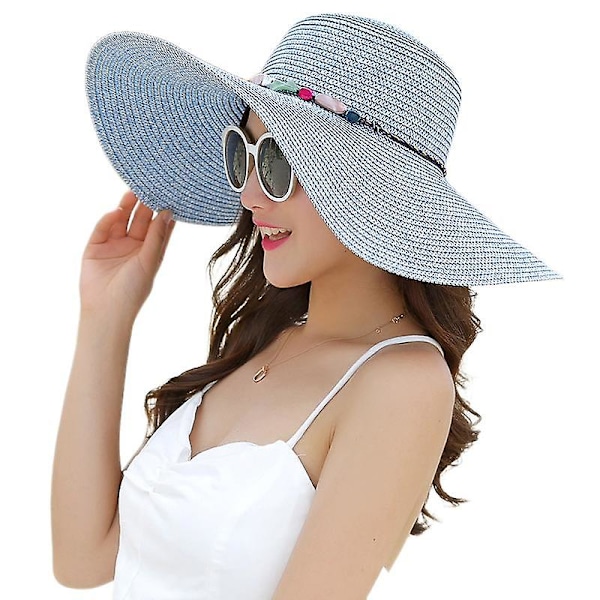 Hatt i strå for damer, stor, floppy, sammenleggbar, strandhatt, solhatt, sommer, UV-beskyttelse UPF 50+ (blå)