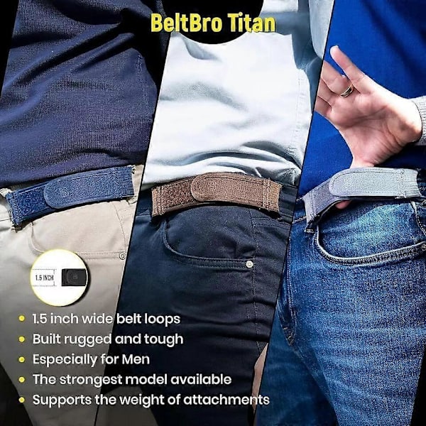 Elastiskt bälte utan spänne för män, passar 1,5 tum bältesöglor, Comfort BeltBro Titan l