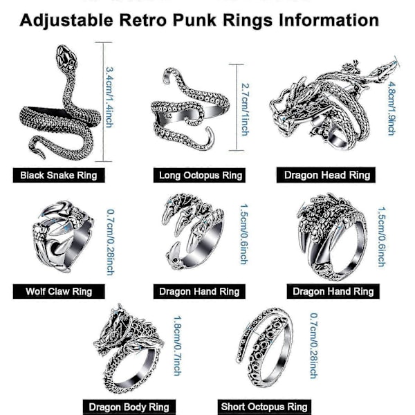 8 Vintage Punk Ringe - Blæksprutte, Drager, Slange - Justerbare