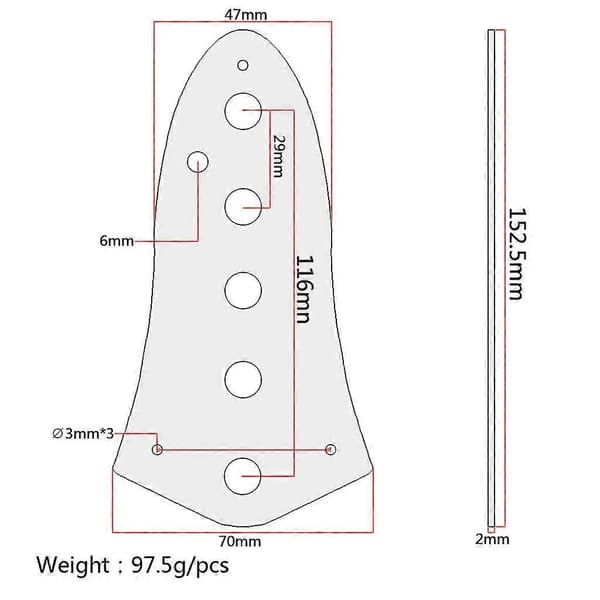Blankplatta i blankpolerat stål med 5 hål för Jazz Bass-gitarr, krom