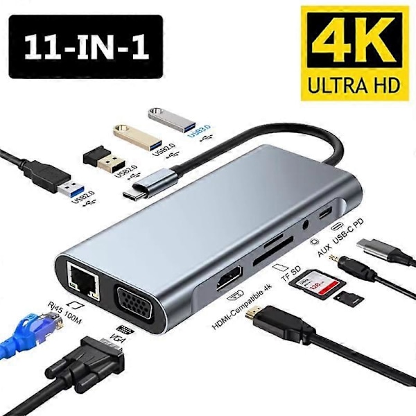 11-in-1 USB-C-keskitin 4K 30Hz, Type-C - RJ45 HDMI-yhteensopiva USB 3.0 VGA-sovitin Type-C-keskitin telakka PD 87W USB-C-jakaja MacBook Pro Air:lle