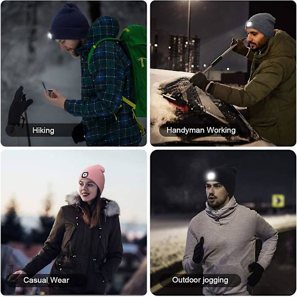 LED Beanie-lue med lys, strikket lue, hender fri, 4 LED-hodelykter, vinterstrikket nattlyslue, unisex grey
