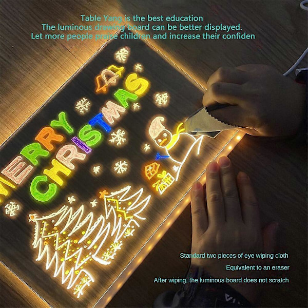 LED-valotaulu 7 värillä kynällä, hohtava akryylipyyhittävä taulu LED-valolla ja jalustalla, valaistu DIY-viestitaulu työpöydälle 7 color pens and power bank m
