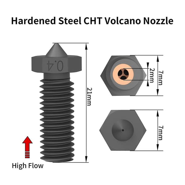 2st CHT Volcano Munstycke Härdat Stål, 0.4mm Högflödes Volcano Hotend Extruder Munstycken
