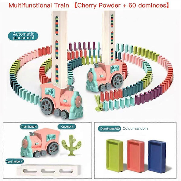 Elektrisk togsett for barn, dominoer som automatisk reiser seg med oppbevaringsboks for kort - Den beste gaven til gutter og jenter (60 dominoer, blått tog)