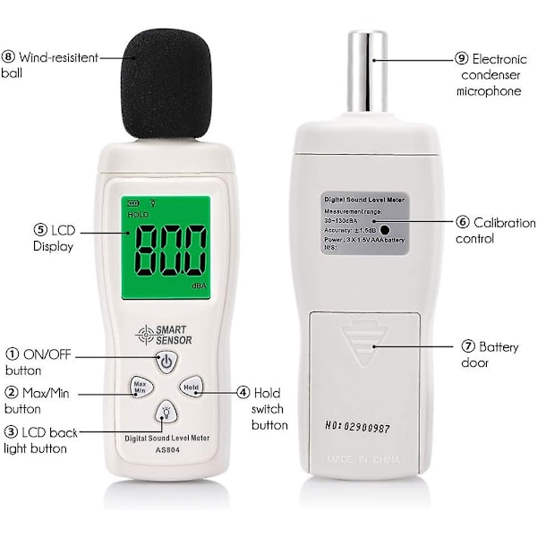 Digitalt lydniveaumåler, digitalt decibeltester, professionelt decibelmåler 30-130dBA, minimum/maksimum data, lavt batteri, baggrundsbelyst LCD-display, auto