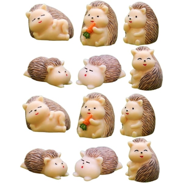 Mini Resin Pindsvin Statuetter Dukker 12stk - Guler Bulks til Bonsai Ornamenter, Håndværk og Skrivebordsdekoration