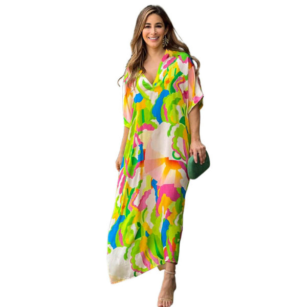 Klänningar för våren och sommaren för kvinnor, V-ringad solklänning med blommönster Army Green XL