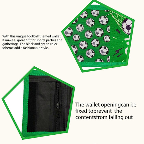 Lasten lompakko pojille, urheilu jalkapallo kuvio, kolmiosainen lompakko kaulanauhalla, vetoketjullinen kolikkotasku ja korttipidike green side football