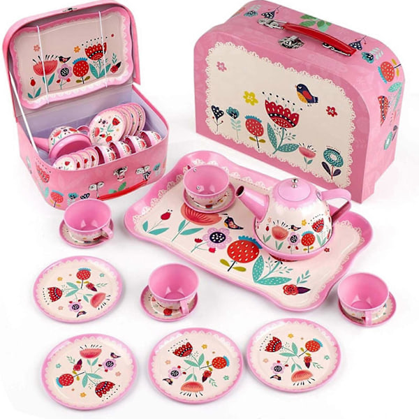 Tea Party Set, Children Pretend Play Toy, Home Simulation Tea Set, Tin Teapot, Tea Cup, Toy, Portable Gift Box Set